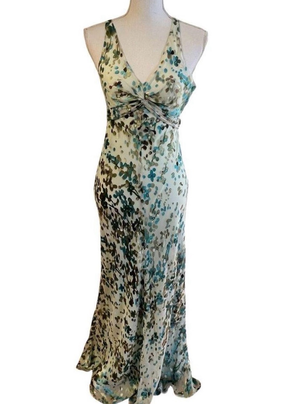 BCBGMaxAzria 100% Silk Vintage Y2K Formal Dress Full Length Blue Green Floral